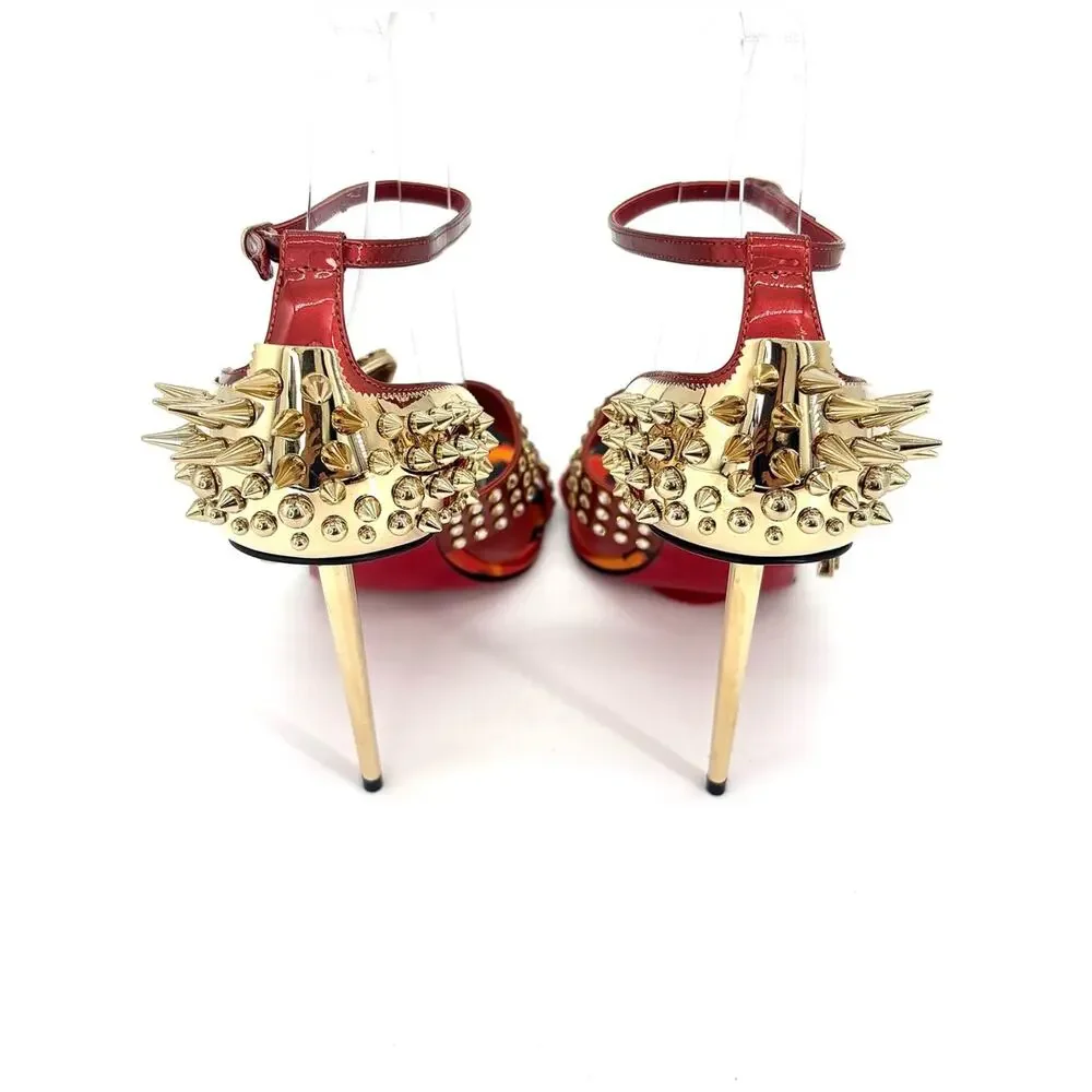 Christian Louboutin Wosandal Pic 100 Rodeo Fire Red Spike High Heel Sandals 39